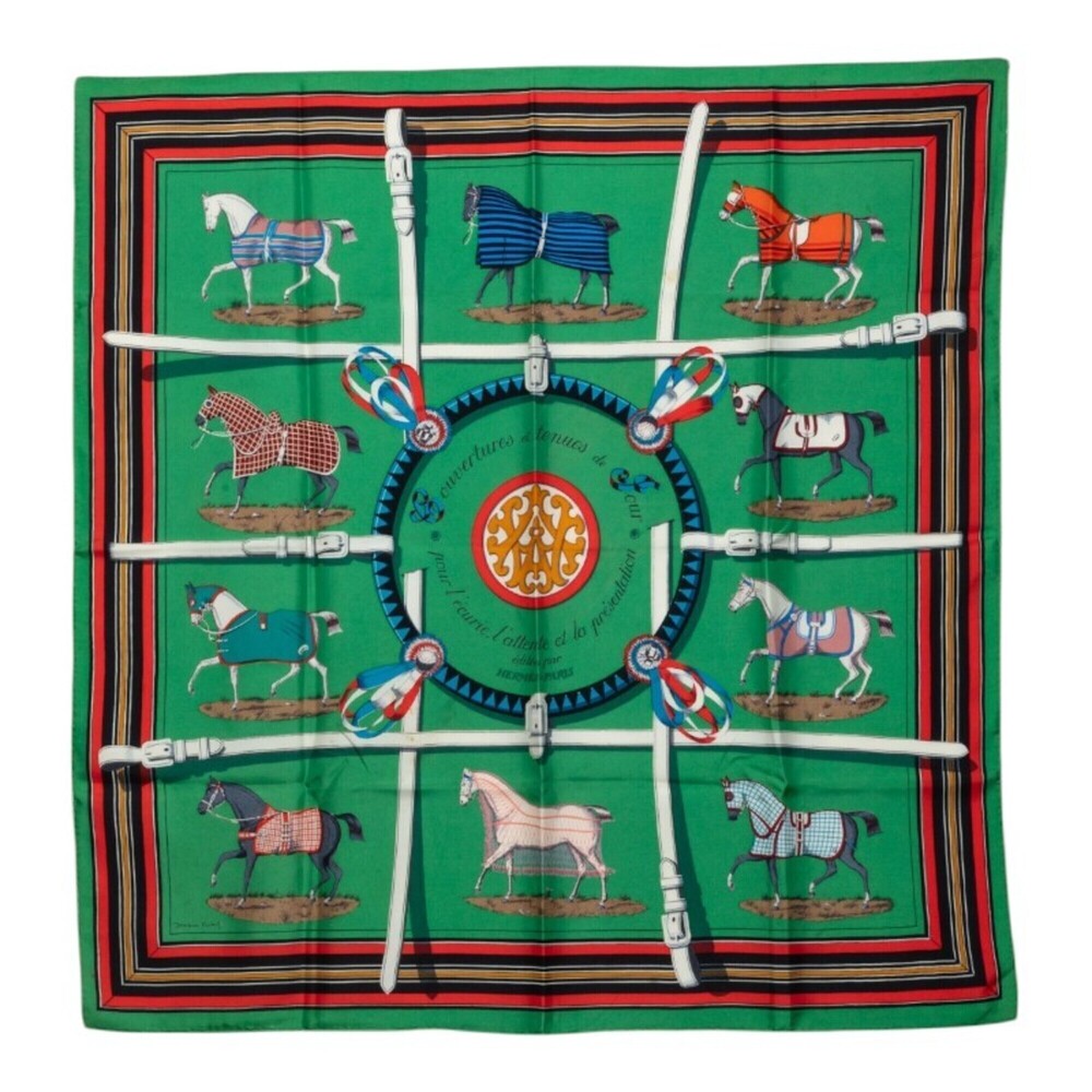 Hermes Carre 90 Horse Blanket Scarf, Multicolor Silk, Green, Women's.